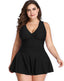 Ocevara - Black V-Neck Skirt One Piece Swimdress