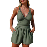 Swim Romper for Women Summer Vacation One Piece Swimsuit with Shorts and Pockets Slimming V Neck Bathing Suit