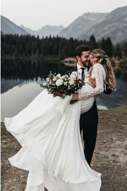 Two Piece Long Sleeves Chiffon Beach Wedding Dress with Lace OKS32