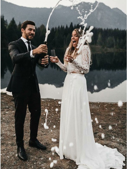Two Piece Long Sleeves Chiffon Beach Wedding Dress with Lace OKS32