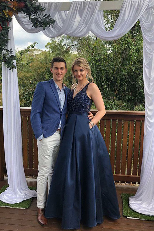 A-line Satin Beading V Neck Navy Blue Prom Dress With Pockets OKT45