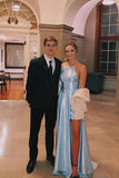 Light Blue Satin Split Long Simple Prom Dress Formal Party Dress OKT46