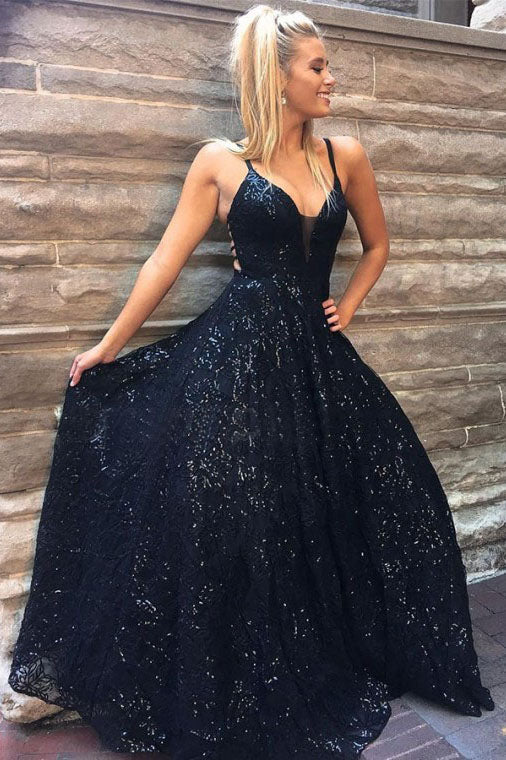 Navy Blue Spaghetti Straps A-line Sequins Prom Dress Formal Evening Dress OKT47
