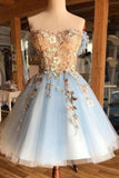 Gorgeous A Line Sweetheart Light Blue Tulle Short Homecoming Dress OKM63