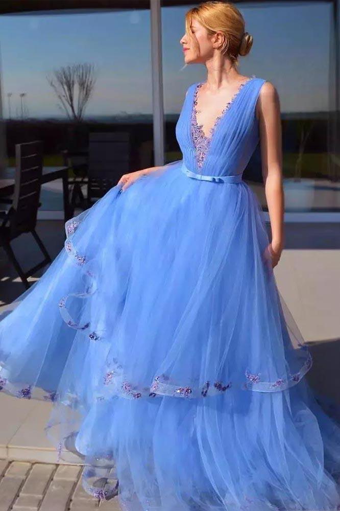 Sky Blue A Line Tulle V Neck Prom Dress Pageant Dress With Appliques OK1179