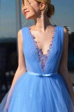 Sky Blue A Line Tulle V Neck Prom Dress Pageant Dress With Appliques OK1179
