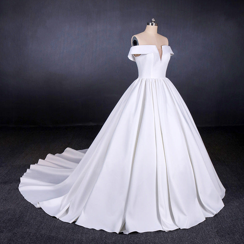 Off the Shoulder White Ball Gown Simple Wedding Dresses, Satin Bridal Gown OKQ20