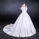 Off the Shoulder White Ball Gown Simple Wedding Dresses, Satin Bridal Gown OKQ20