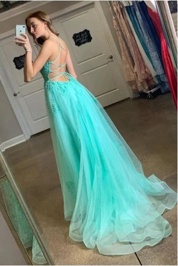 Turquoise Spaghetti Straps Split Evening Dress Appliqued Backless Long Prom Dress OK1331