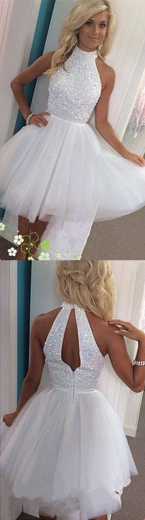 Halter A Line Sexy Open Back White Tulle Beaded Short Homecoming/Prom Dress OK289
