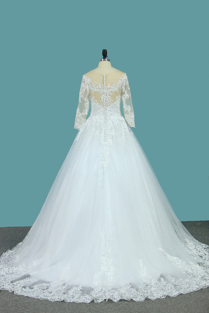 A Line 3/4 Sleeves Tulle Scoop Wedding Dress With Applique OKE73