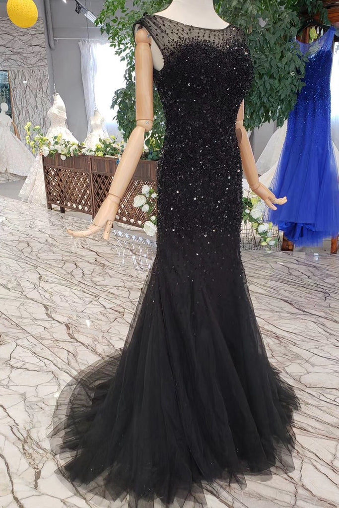 New Arrival Sequins Bodice Prom Dress Tulle Mermaid Sweep Train OKK11