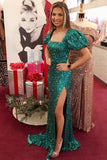 Emerald Green Sequin Square Neck Backless Mermaid Long Prom Dress OK2014