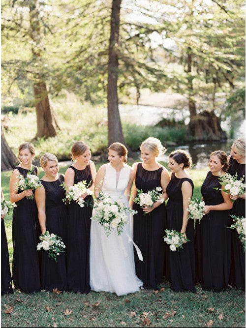 A-Line Round Neck Floor-Length Navy Blue Chiffon Bridesmaid Dress OKR93