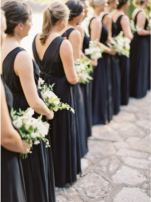 A-Line Round Neck Floor-Length Navy Blue Chiffon Bridesmaid Dress OKR93