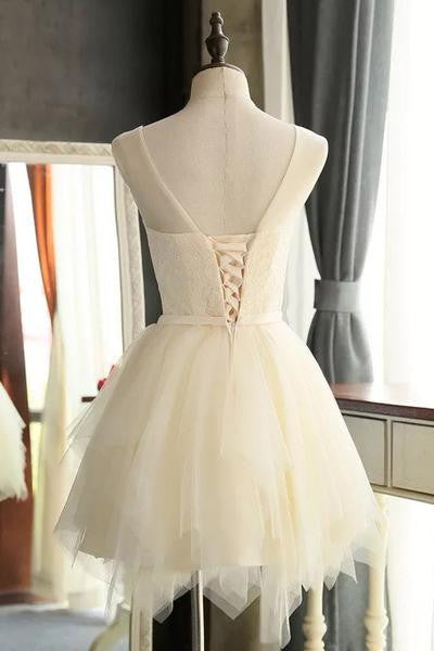 Mini Charming Tulle Short Ivory Backless Prom Dresses Homecoming Dress For Girls OK307