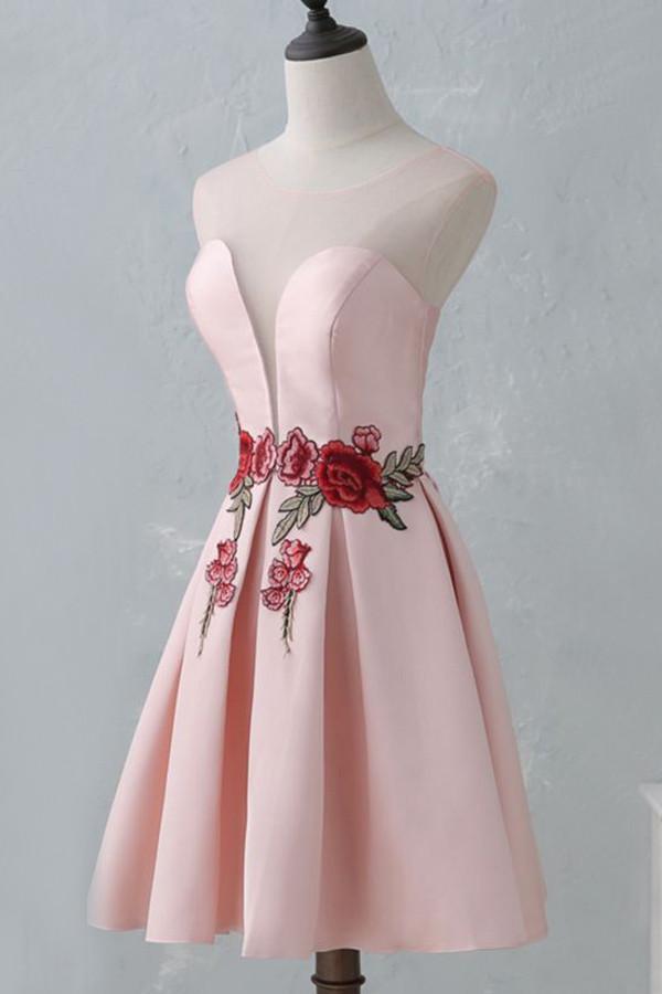 A Line Knee-Length Open Back Pink Satin Homecoming Dresses With Flower Appliques OK384