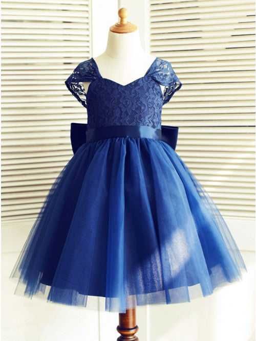 A-Line Square Neck Cap Sleeves Dark Blue Flower Girl Dresses with Lace Bowknot OKP16