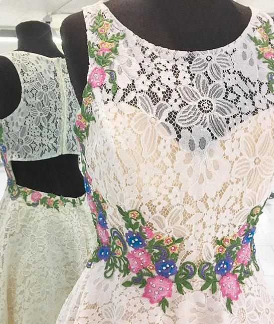 White Lace Short Prom Dresses, Floral Appliques homecoming dress OKP60