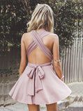 A-Line Deep V-Neck Criss-Cross Prom Dresses,Straps Short Blush Stretch Homecoming Dress OK497