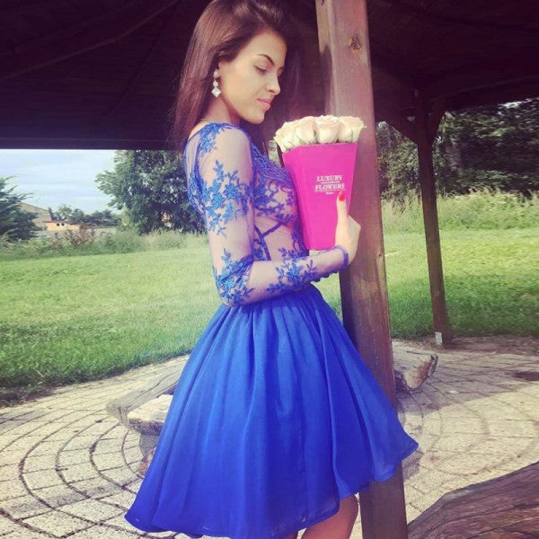 A-Line V-Neck Long Sleeves See Through Royal Blue Zipper Short Homecoming Dresses OK479