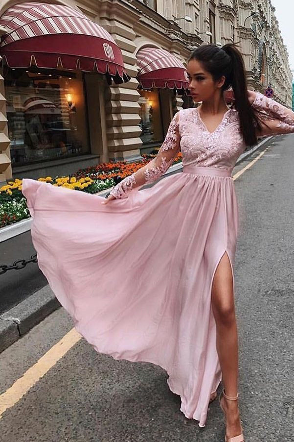 Burgundy Long Sleeves V Neck Lace Top A Line Long Prom Dress OK838
