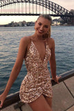 Sexy Sparkly Gold Spaghetti Strap V-neck Mermaid Short Homecoming Party Dress OK1658