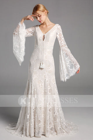 A-line Lace Long Sleeves Wedding Dresses V Neck Bridal Gowns W0028OK