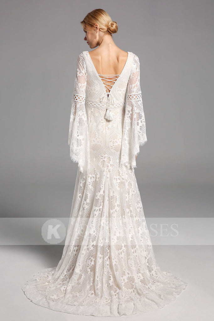 A-line Lace Long Sleeves Wedding Dresses V Neck Bridal Gowns W0028OK