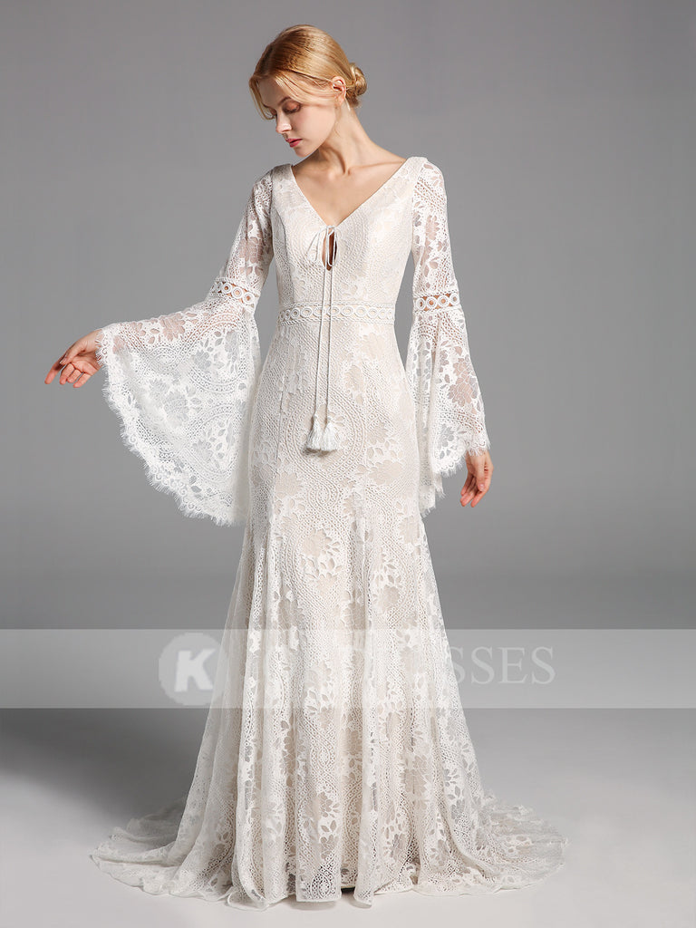 A-line Lace Long Sleeves Wedding Dresses V Neck Bridal Gowns W0028OK