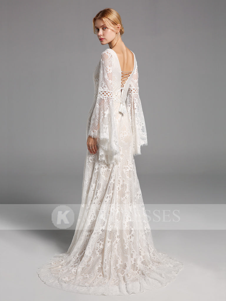 A-line Lace Long Sleeves Wedding Dresses V Neck Bridal Gowns W0028OK