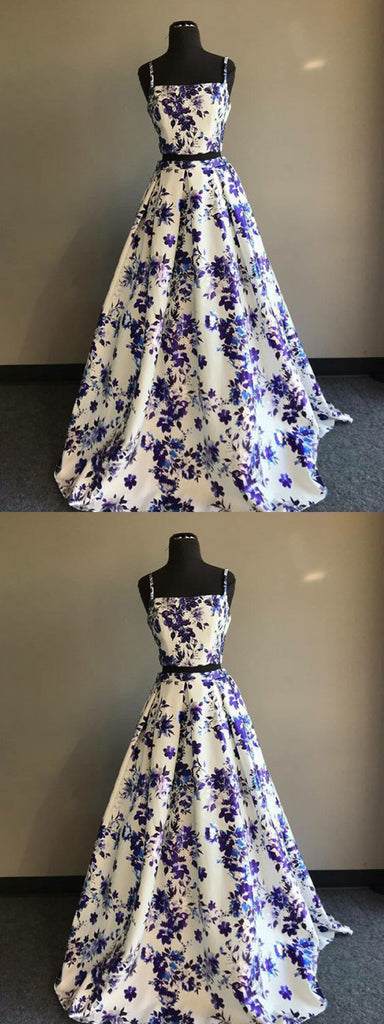 Cheap Long Two Piece A Line Floral Printed Straps Prom Dresses OKB92