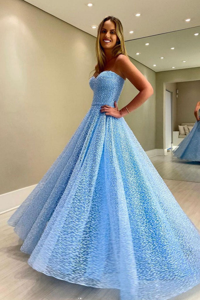 A Line Blue Lace Strapless Long Prom Dress. Sweetheart Formal Evening Dress OK1191