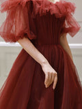 Burgundy Off Shoulder Tulle Long Prom Dress A Line Formal Evening Dress OK1271