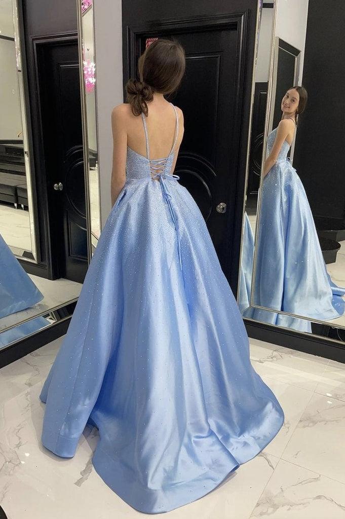 A-Line Satin Blue Long Prom Dress Spaghetti Straps Formal Evening Dress OK1227