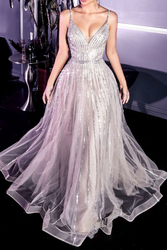 Elegant A Line Sequins Strapes Tulle V Neck Prom Dresses Evening Party Dresses OK1441