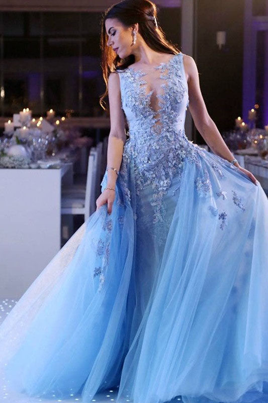Sky Blue Tulle Sleeveless Scoop Applique Long Prom Dress OK1304