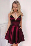 Simple Burgundy Satin Short Homecoming Dresses With Pockets OKP45