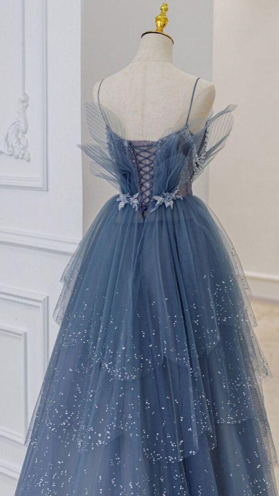 A Line Blue Tulle Long Prom Dress Spaghetti Straps Evening Party Dress OK1170/OK1932