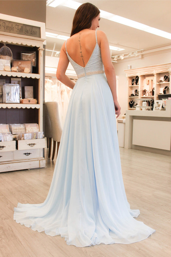 Gorgeous Straps Light Sky Blue Chiffon A Line Long Prom Dresses OK984