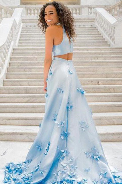 Flowers Appliques Light Sky Blue Prom Dresses OKL99