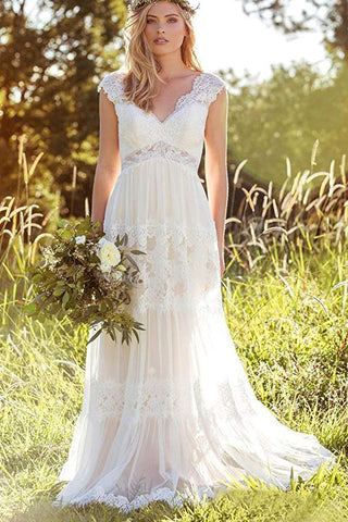 Bohemian A Line V Neck Lace Bridal Gown Simple Beach Wedding Dress OKK37