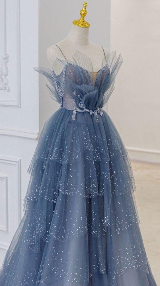 A Line Blue Tulle Long Prom Dress Spaghetti Straps Evening Party Dress OK1170/OK1932