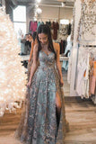 Elegant A Line Lace Long Prom Dress Formal Evening Dress With Slit OKZ3