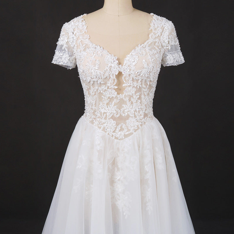 Off White A Line Short Sleeves Lace Appliques Wedding Dresses, Bridal Gown OKQ32