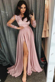 Burgundy Long Sleeves V Neck Lace Top A Line Long Prom Dress OK838