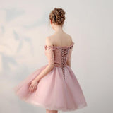 Chic Short Pearl Pink Off-the-shoulder Homecoming Dresses,Tulle Cheap Prom Dresses OK511