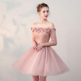 Chic Short Pearl Pink Off-the-shoulder Homecoming Dresses,Tulle Cheap Prom Dresses OK511