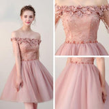 Chic Short Pearl Pink Off-the-shoulder Homecoming Dresses,Tulle Cheap Prom Dresses OK511