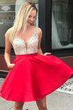 A Line V Neck Sleeveless Homecoming Dresses, Beading Satin Short Prom Dresses OKN41